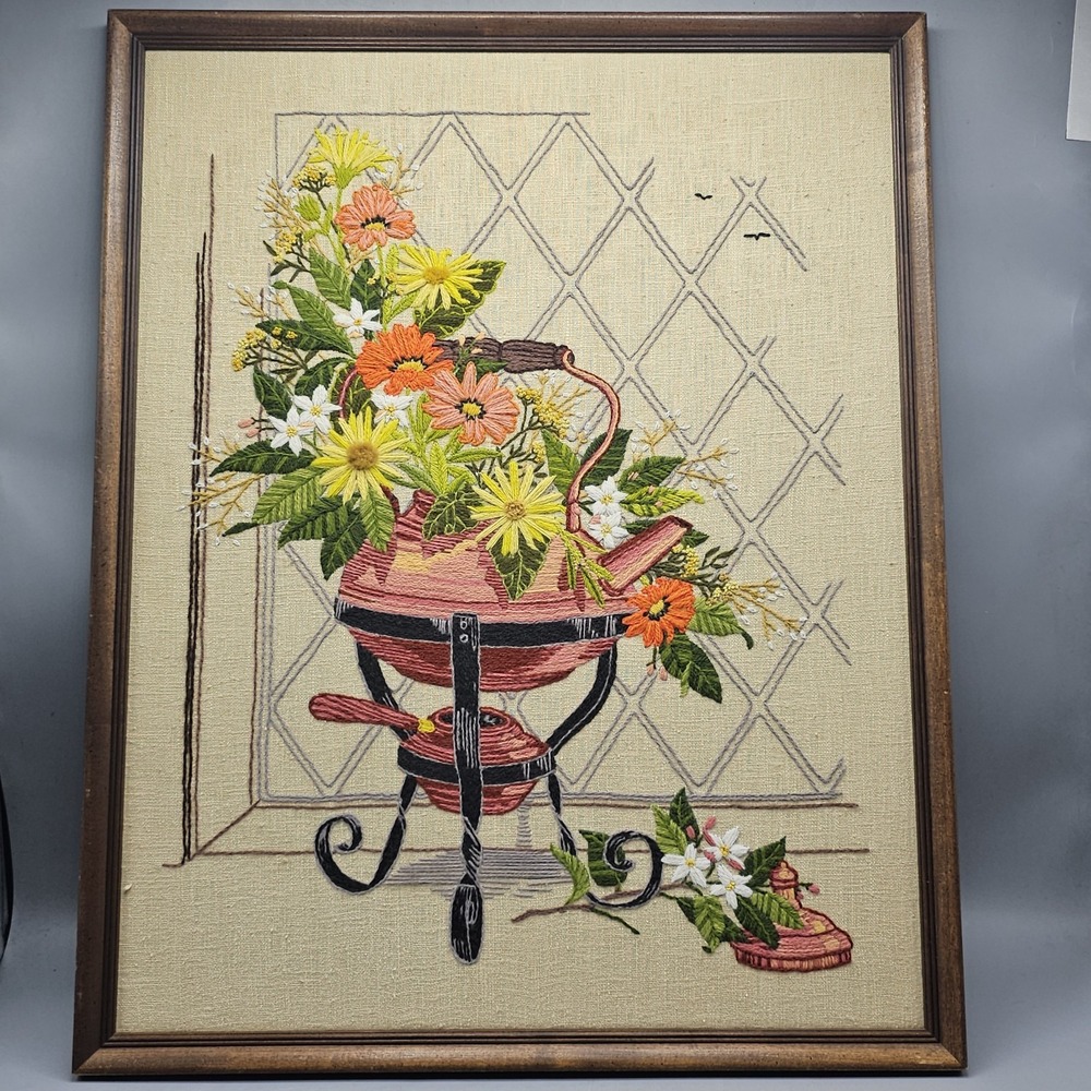 Vintage 70s Needlepoint Crewel Floral Bouquet Teapot 18.5x 23.5 National Paragon